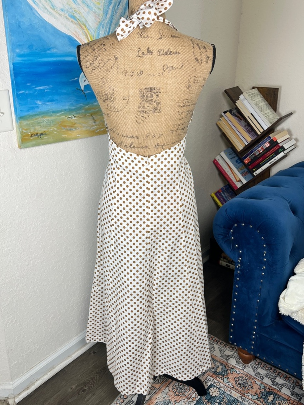 Zara White Halter Midi Dress with Brown Polka Dots - Picture 4 of 8